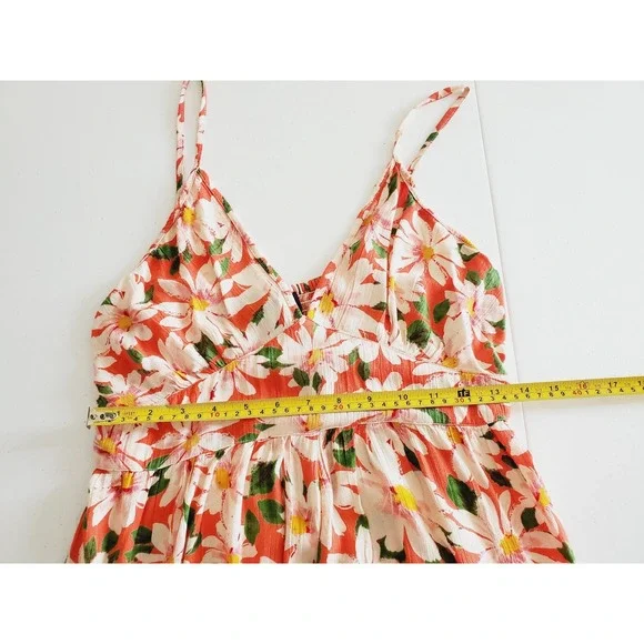 Angie Womens M Orange Daisy Floral Print Wide Leg Jumpsuit Smocked Bohemian Boho - Picture 8 of 10